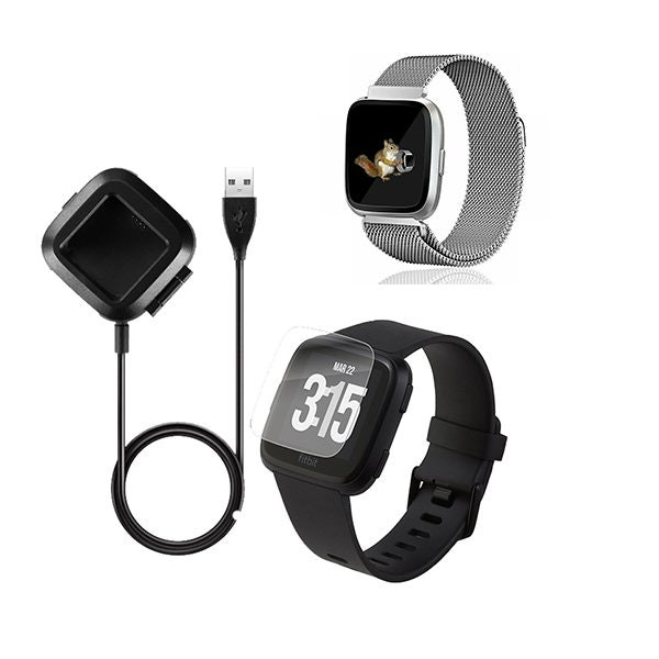 Milanese Loop Strap with Magnetic Clasp and USB Charger for Fitbit Versa - Grey