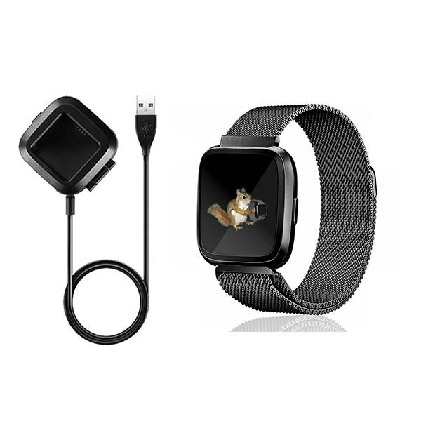 Correa Milanese Loop con Cierre Magnético y Cable USB para Fitbit Versa - Negro