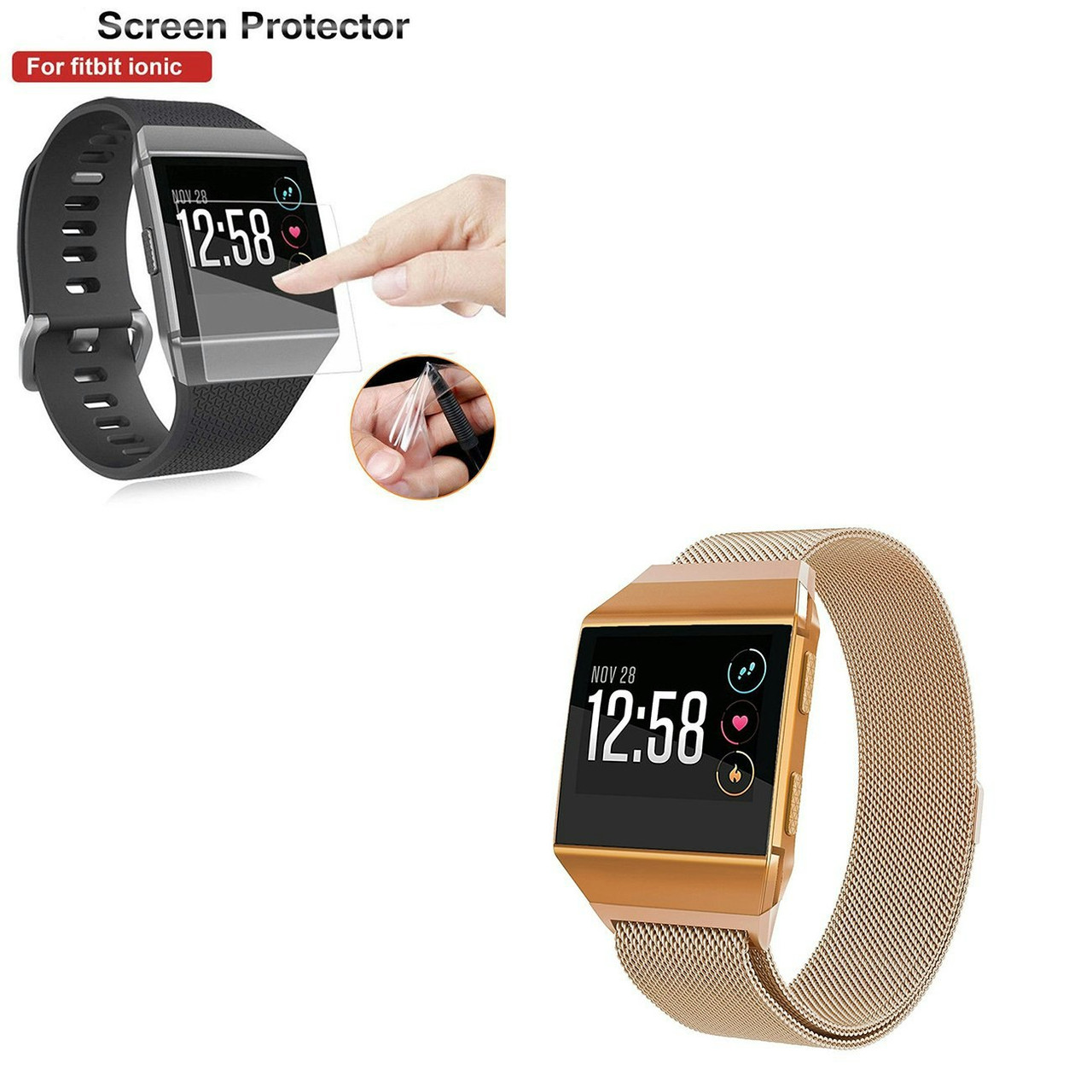 Milanese Loop Band with Magnetic Clasp and Full Cover Gel Screen Protector for Fitbit Ionic - Pink
