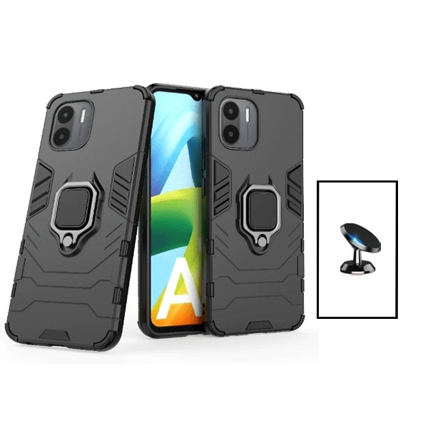 Magnetic car mount and Military Defender case for Redmi A2 - Black