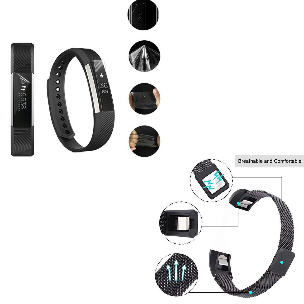 Milanese Loop Strap with Magnetic Clasp and Full Cover Gel Screen Protector for Fitbit Alta