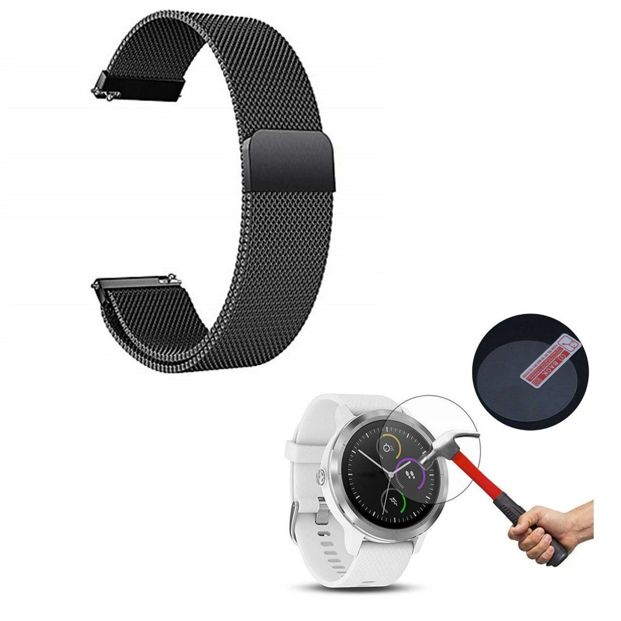 Milanese Loop Strap with Magnetic Clasp and Glass Protector for Garmin VivoActive 3
