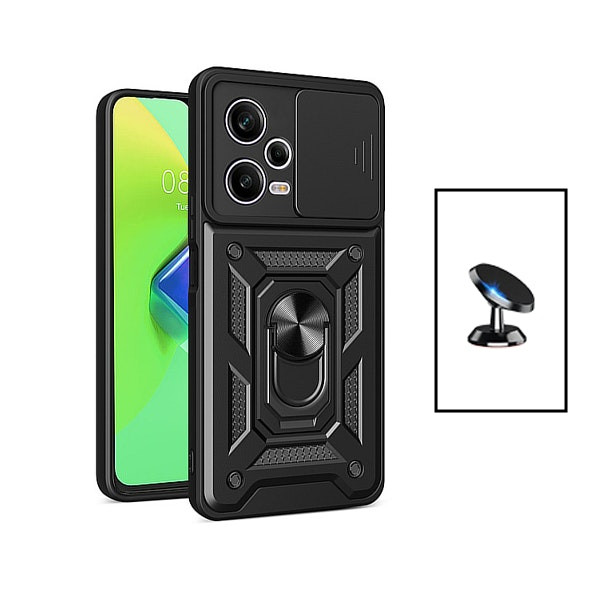 Kit Suporte Magnético de Carro + Capa Magnetic Military Defender Slide Window Anti-Impacto para Xiaomi Poco X5 - Preto