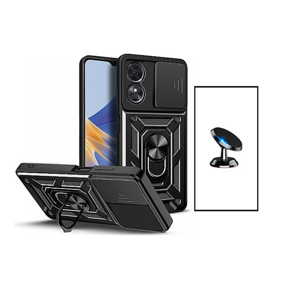 Funda con soporte magnético y anilla giratoria para Oppo A98 5G - Negro