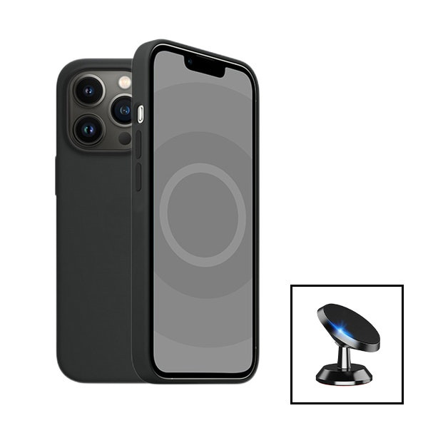 Magnetic car mount and liquid silicone case kit for iPhone 15 - Black
