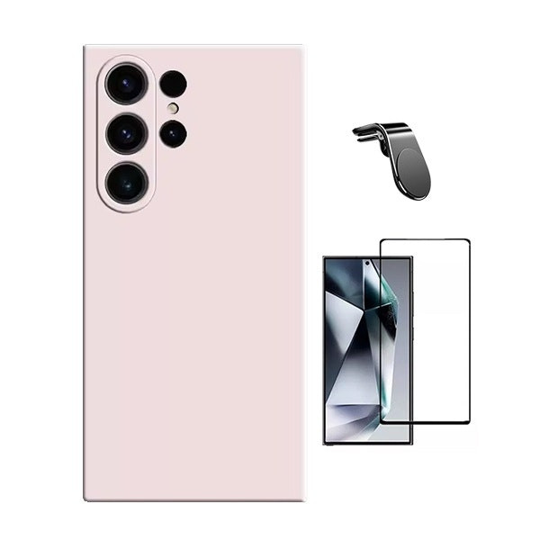 Kit de protección para Samsung Galaxy S25 Ultra: cristal 5D, funda silicona líquida y soporte magnético L - Rosa