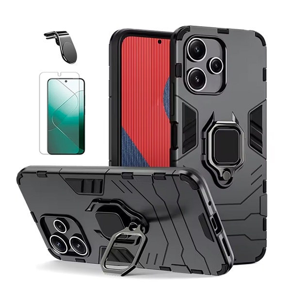 Hydrogel front film kit with Military Defender case and magnetic mount for Xiaomi Redmi Note 14 - Black