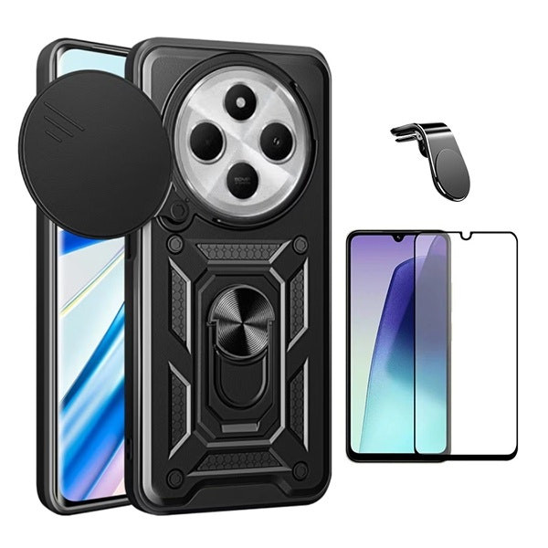 Kit funda Magnetic Slide Window con vidrio templado y soporte magnético para Xiaomi Redmi 14C 5G