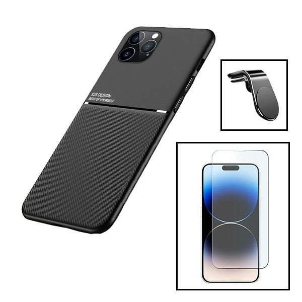 Kit Capa Magnetic Lux + Vidro Clearglass + Suporte Magnético L Safe Driving para Apple iPhone 15 Pro - Preto