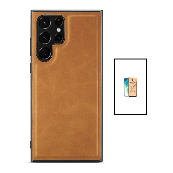 Kit Capa MagneticLeather + CeramicGlass Full Cover para Samsung Galaxy S22 Ultra - Castanha
