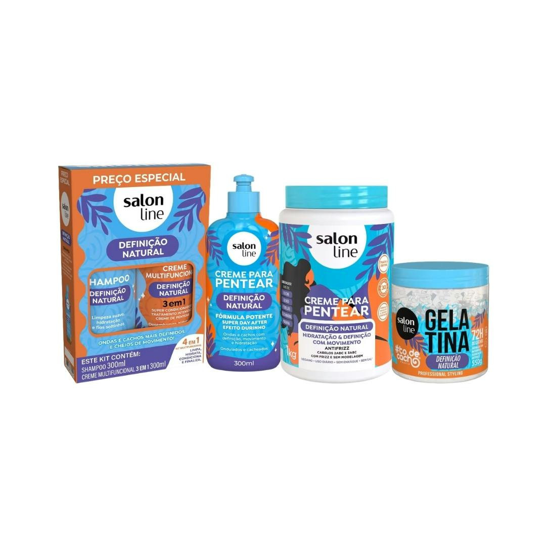 Kit Definição Natural para Cabelo Ondulado, Cacheado e Crespo — Shampoo, Cremes de Pentear e Gelatina