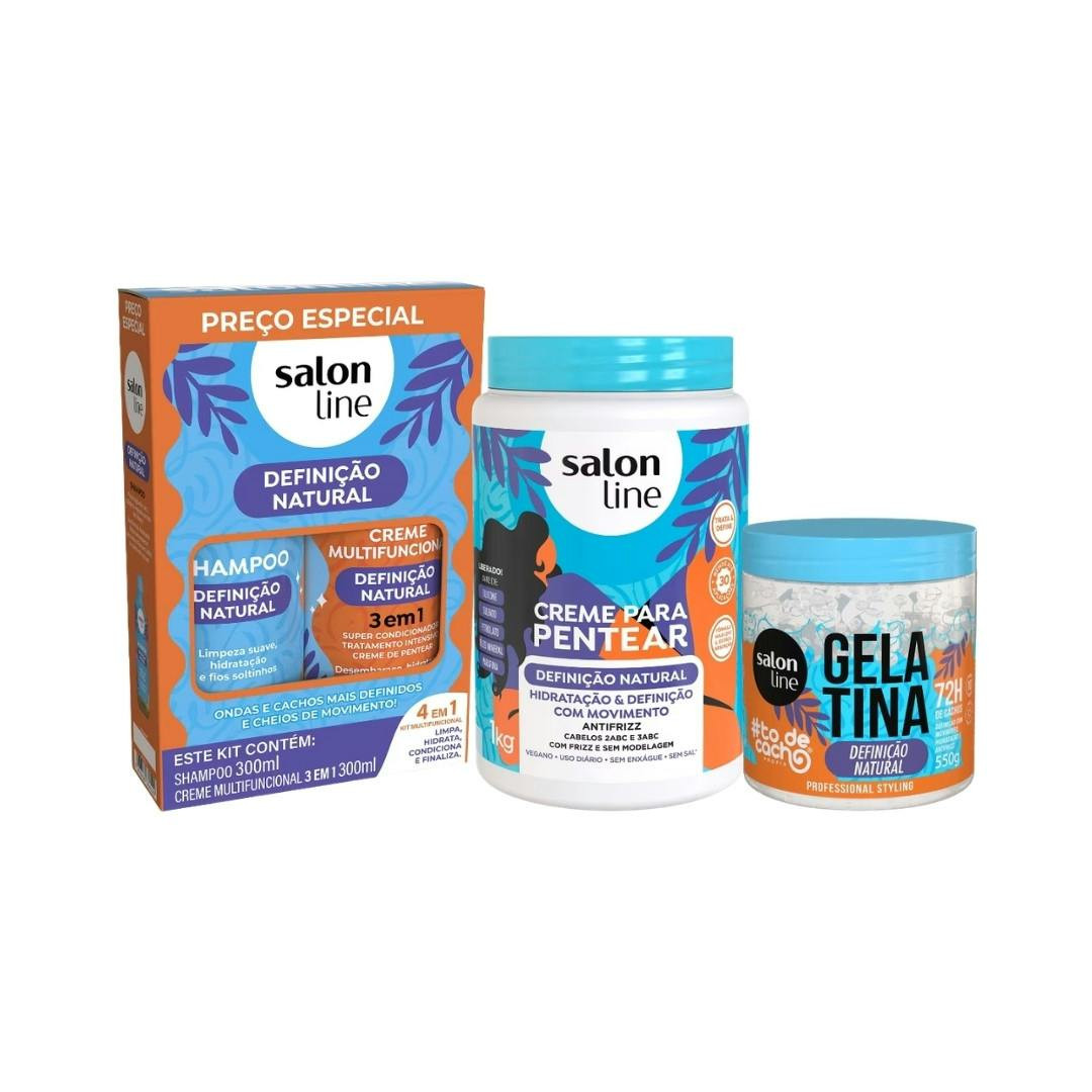 Kit Definição Natural para Ondulados, Cacheados e Crespos — Shampoo, Creme Multifuncional, Creme de Pentear e Gelatina