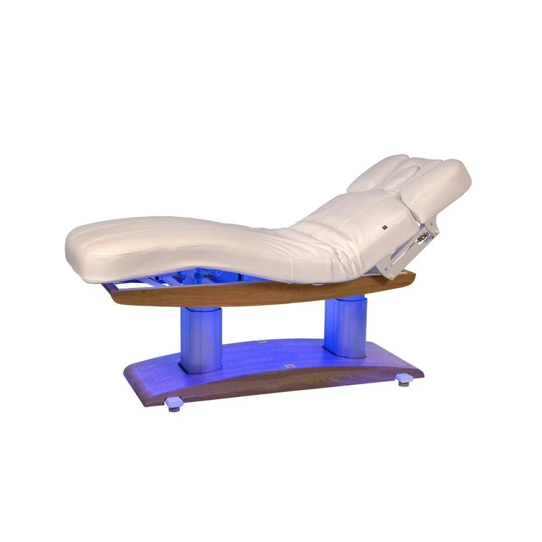 Cama de spa profissional 4 motores com aquecimento e base em madeira clara