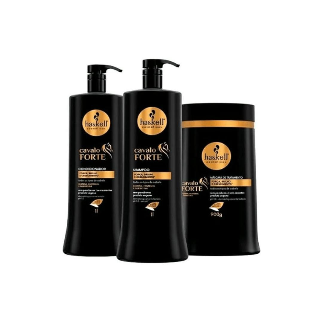 Kit fortalecimento capilar Cavalo Forte — shampoo, condicionador e máscara