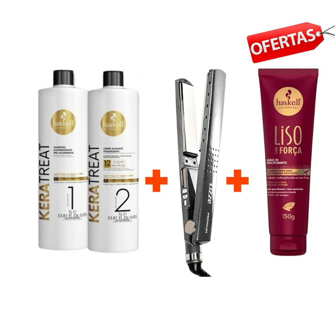 Prancha Lizze Premium L 240°C com Keratreat 1L e Leave-in Haskell Liso com Força 150 g
