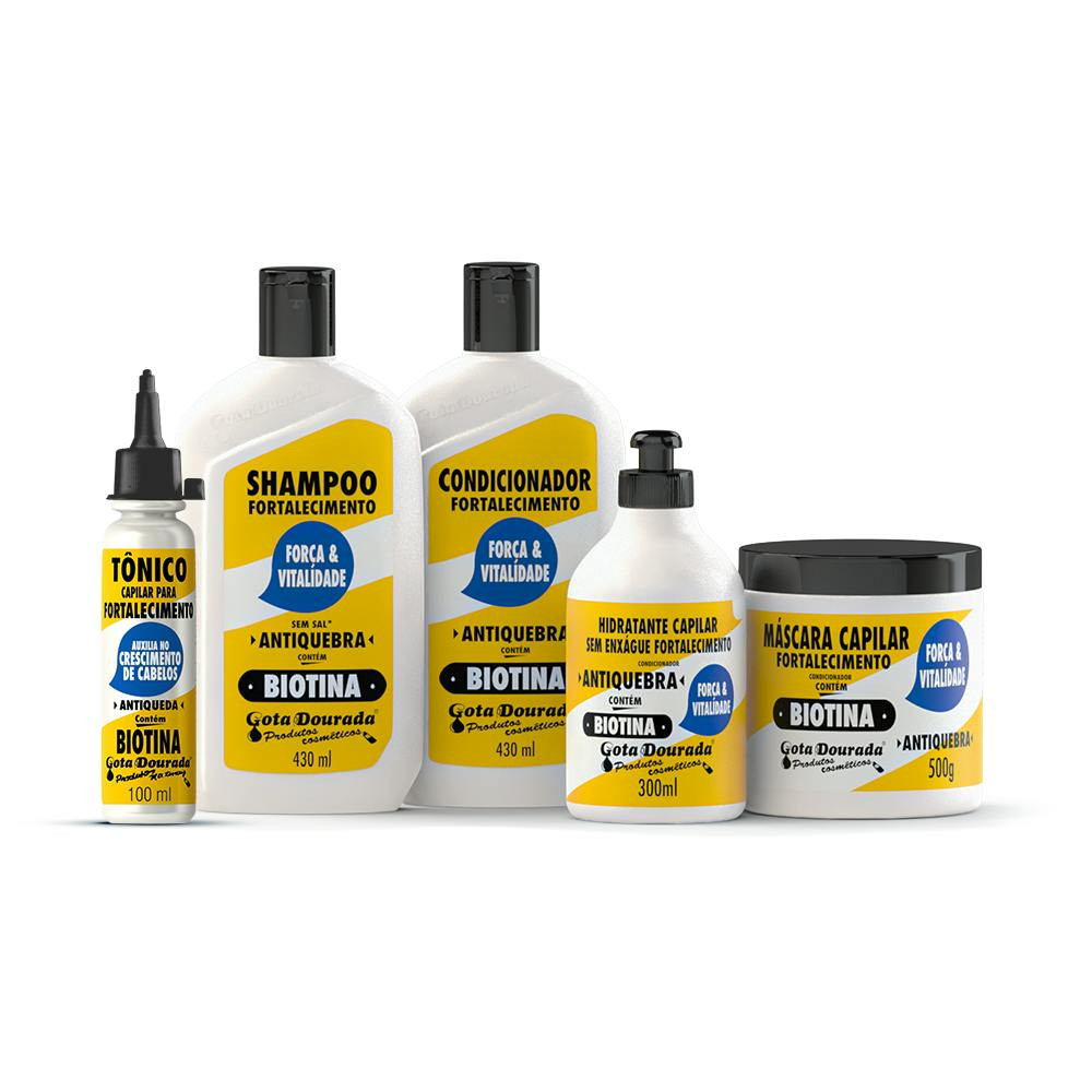Kit Fortalecimento Biotina para Cabelo - Champô, Condicionador, Máscara, Sem Enxágue e Tónico