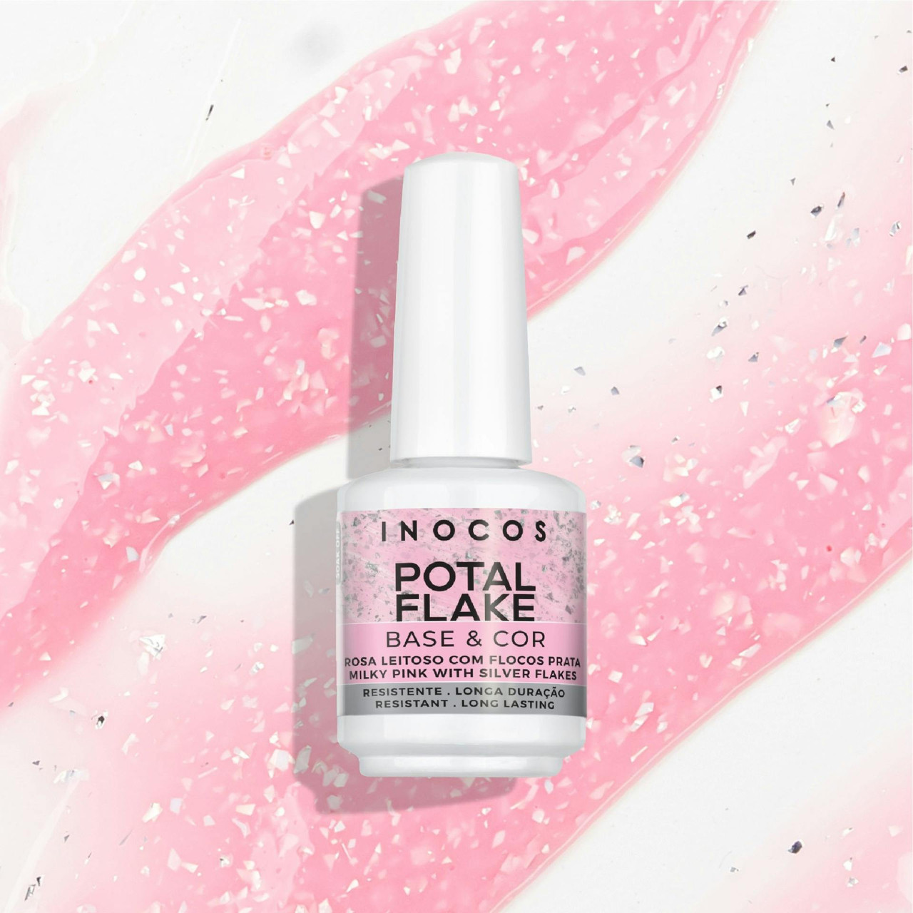 Base e Cor Rosa Leitoso com Flocos Prateados Verniz Gel 15 ml