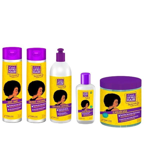 Kit cuidado capilar AfroHair: shampoo, condicionador, creme de pentear, óleo capilar e gel modelador