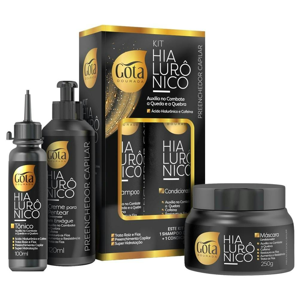 Kit tratamento capilar hialurónico com shampoo, condicionador, máscara, creme de pentear e tónico