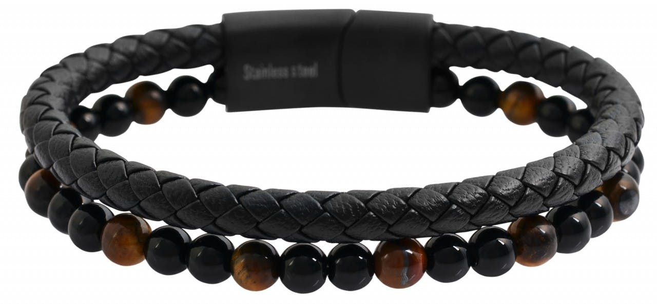 Akzent® Pulseira em Couro Genuíno com Contas Olho de Tigre