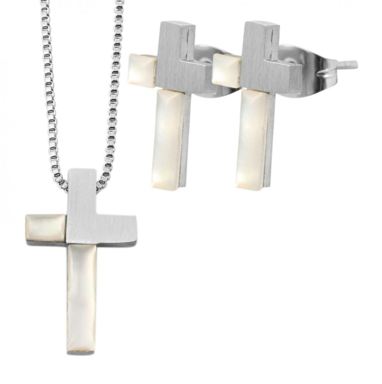 Akzent® Conjunto Colar e Brincos Cruz em Aço Inoxidável 0151
