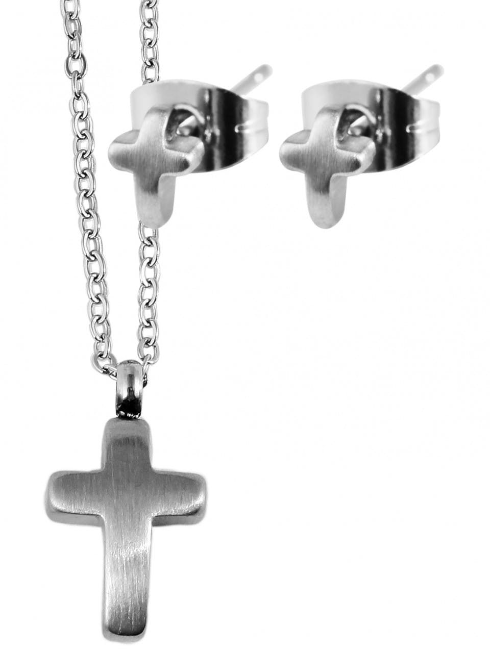 Akzent® Conjunto Colar e Brincos Cruz em Aço Inoxidável 0152