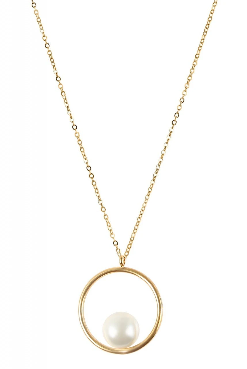 Akzent® Conjunto Dourado Colar e Brincos Circular Pérolas em Aço Inoxidável