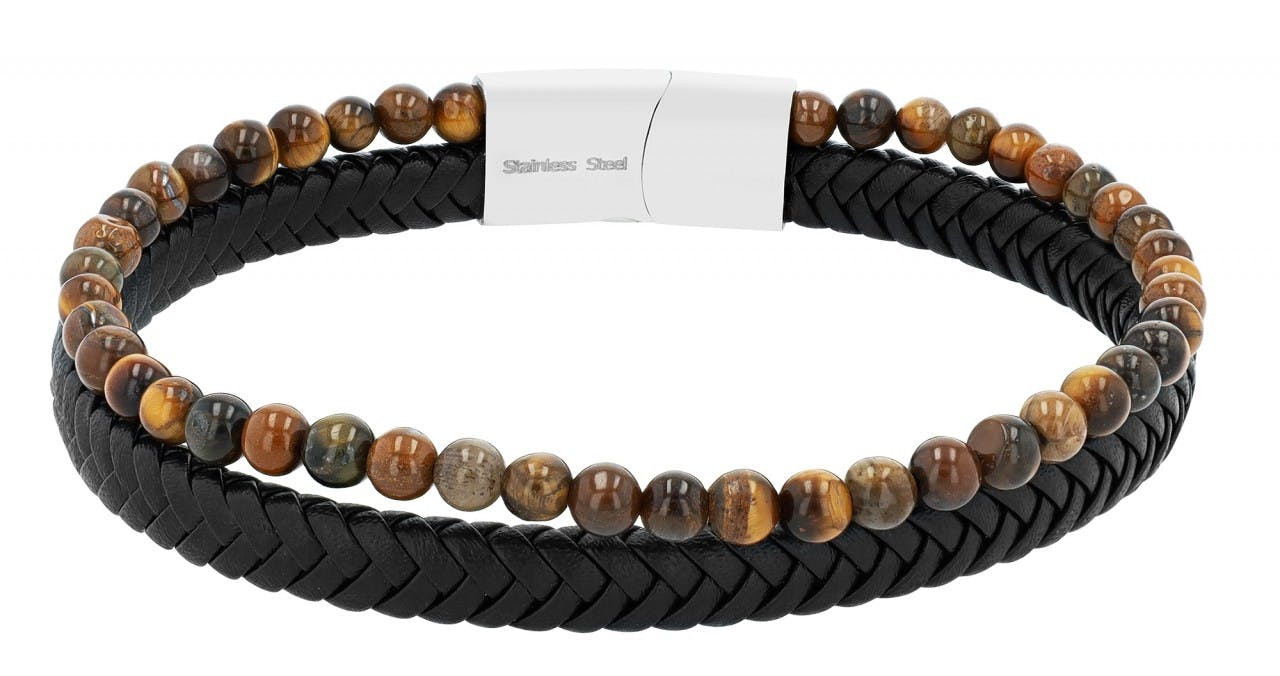 Raptor® Pulseira em Couro Genuíno com Pedra Olho de Tigre Castanha RA50220