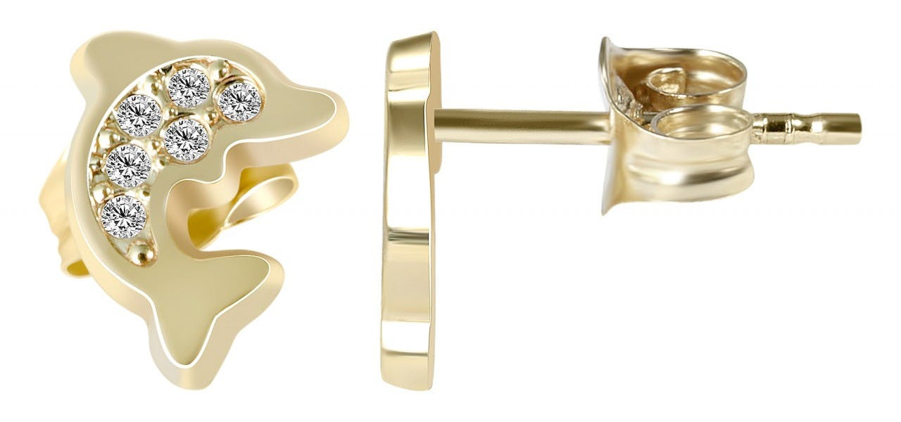 Joalharia Ouro 8k – Brincos em Ouro , Golfinho com Zircônias