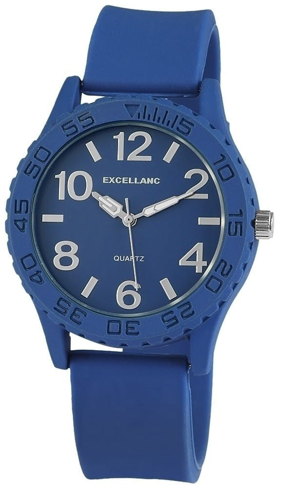 Relógio analógico com caixa metálica e bracelete de silicone azul
