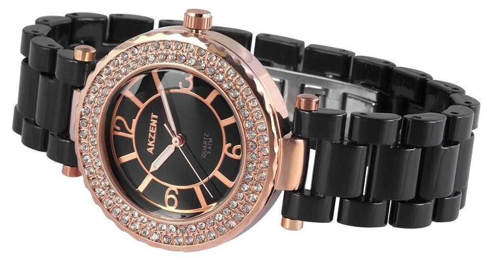Relógio analógico metal com cristais e bracelete em plástico