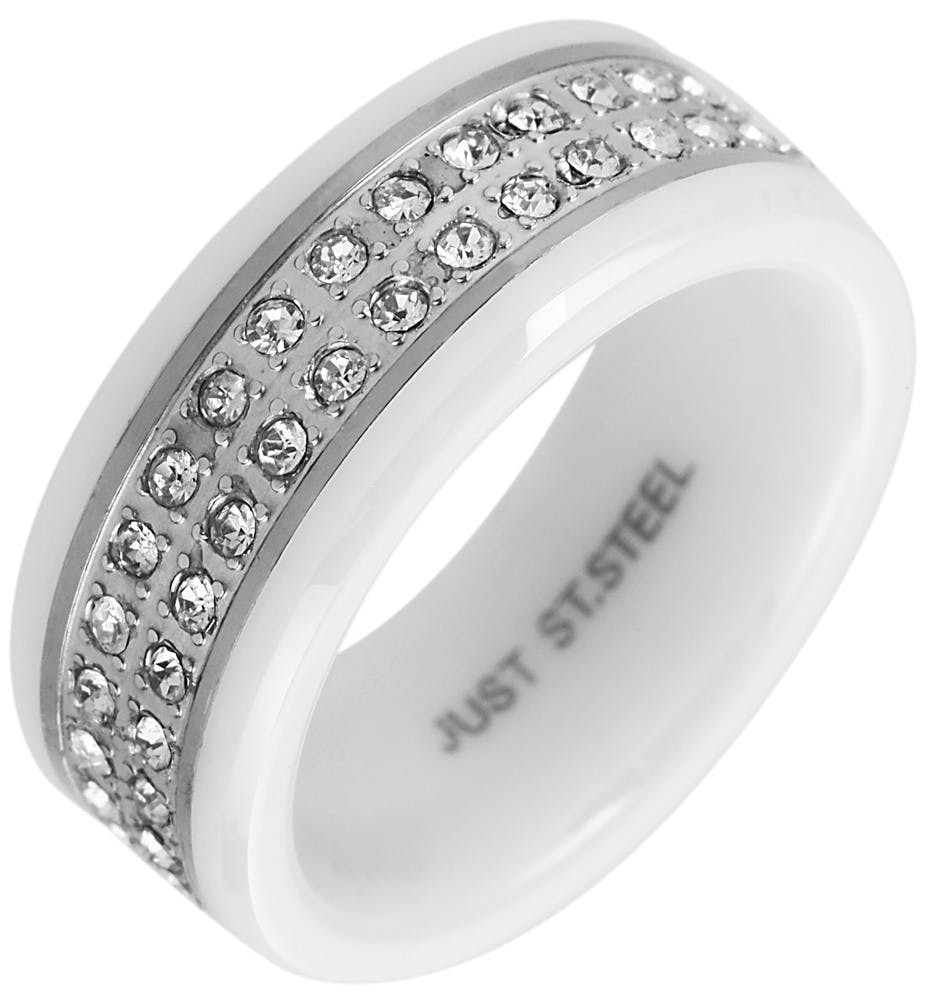 Just® Anel Perette em Cerâmica Branco com Prateado e Pedras Incrustadas - 58
