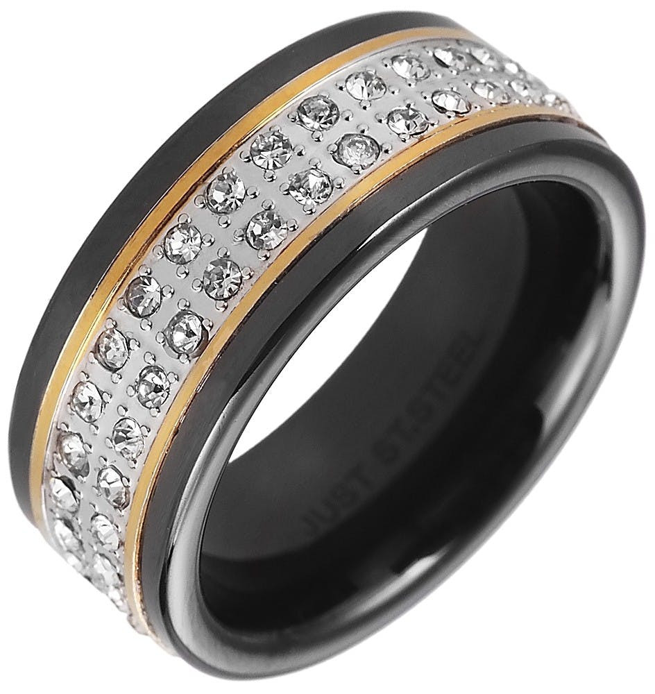 Just ® Anel Petrena em Cerâmica Preto com Dourado e Pedras Incrustadas - 62