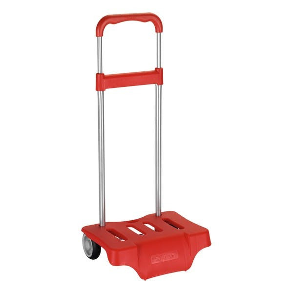 Carro porta-mochilas vermelho com rodas e estrutura em aço