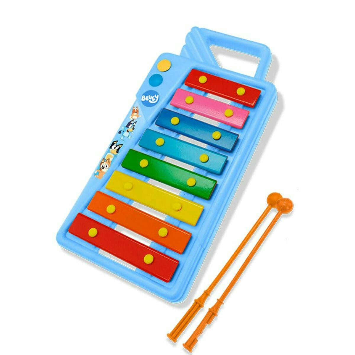 Xilofone infantil de plástico com teclas coloridas e funcionamento a pilhas