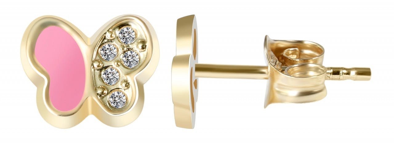 Joalharia Ouro 8k – Brincos em Ouro , Borboleta com Zircônias e Esmalte