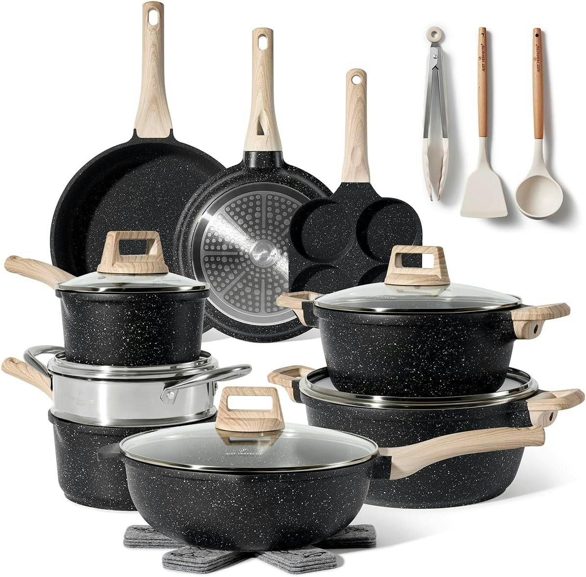 Just Perfecto® Conjunto Panelas Preto Revestido em Mármore - 21 Peças - JL-722