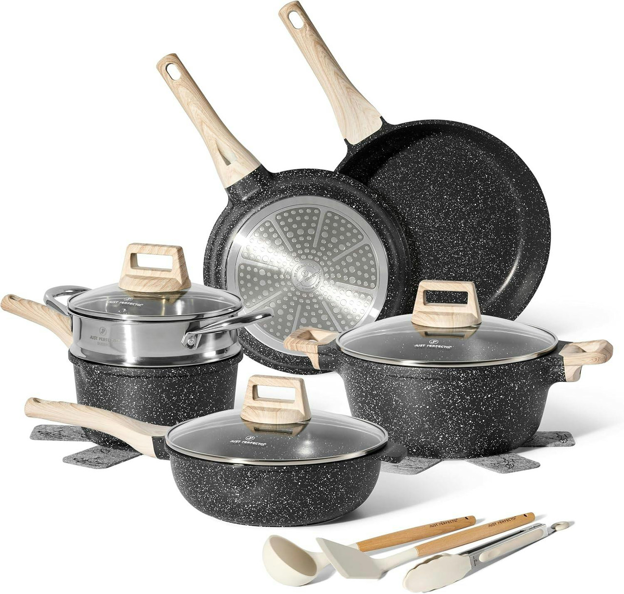 Just Perfecto® Conjunto Panelas Preto Revestido em Mármore - 14 Peças - JL-30