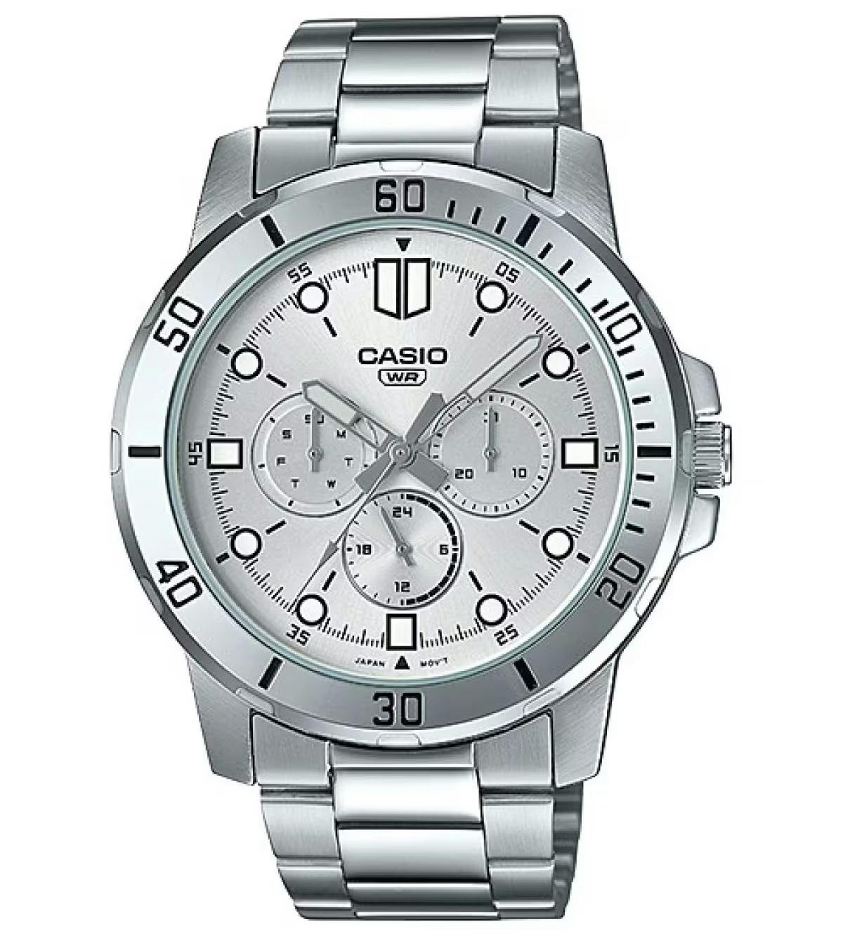 Relógio casual MTP-VD300D com bracelete em aço e mostrador branco