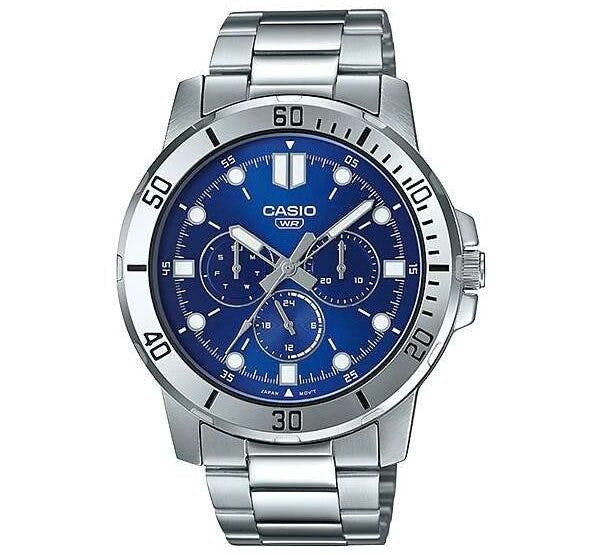 Relógio MTP-VD300D com caixa prateada e mostrador azul