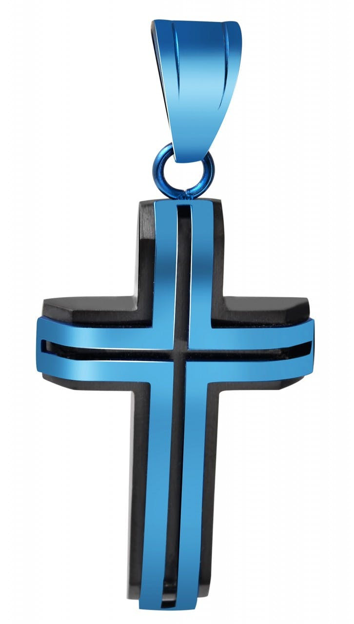 Akzent® Pingente Cruz Azul/Preto em Aço Inoxidável Banhado a Íons