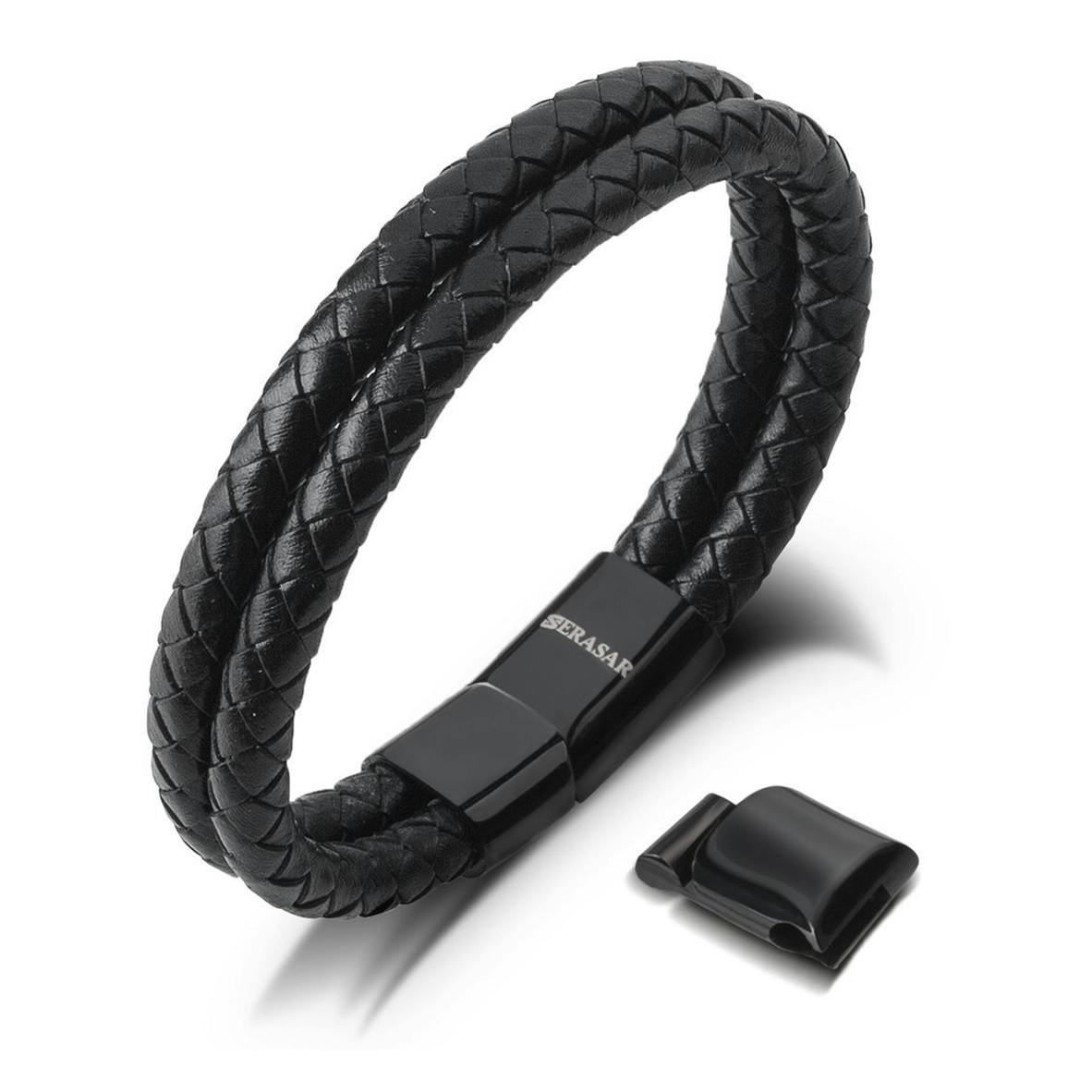 Serasar® Pulseira Premium de Couro Double Preto 21cm