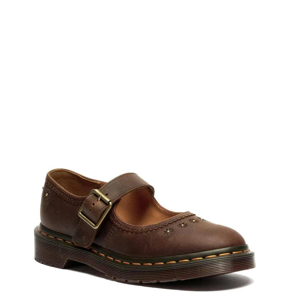 Mary Jane flower flat em pele castanha escura