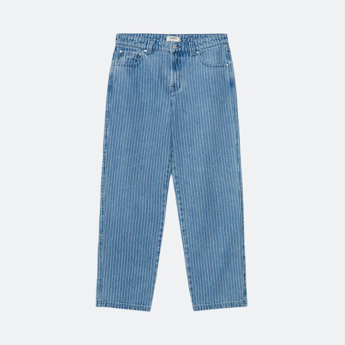 Calças denim straight riscas verticais em algodão