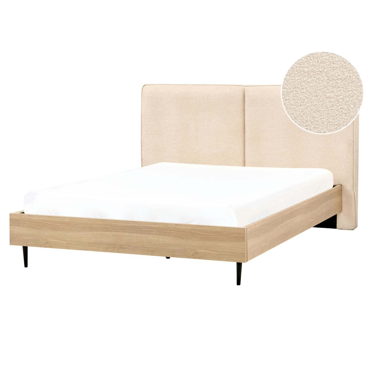 Cama de casal Izernore em bouclé creme com estrado de ripas