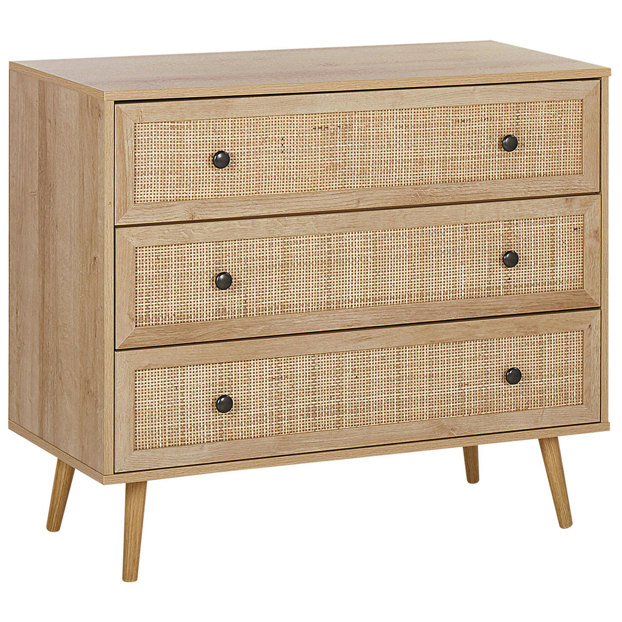 Cómoda 3 gavetas com decoração em rattan em aglomerado de madeira