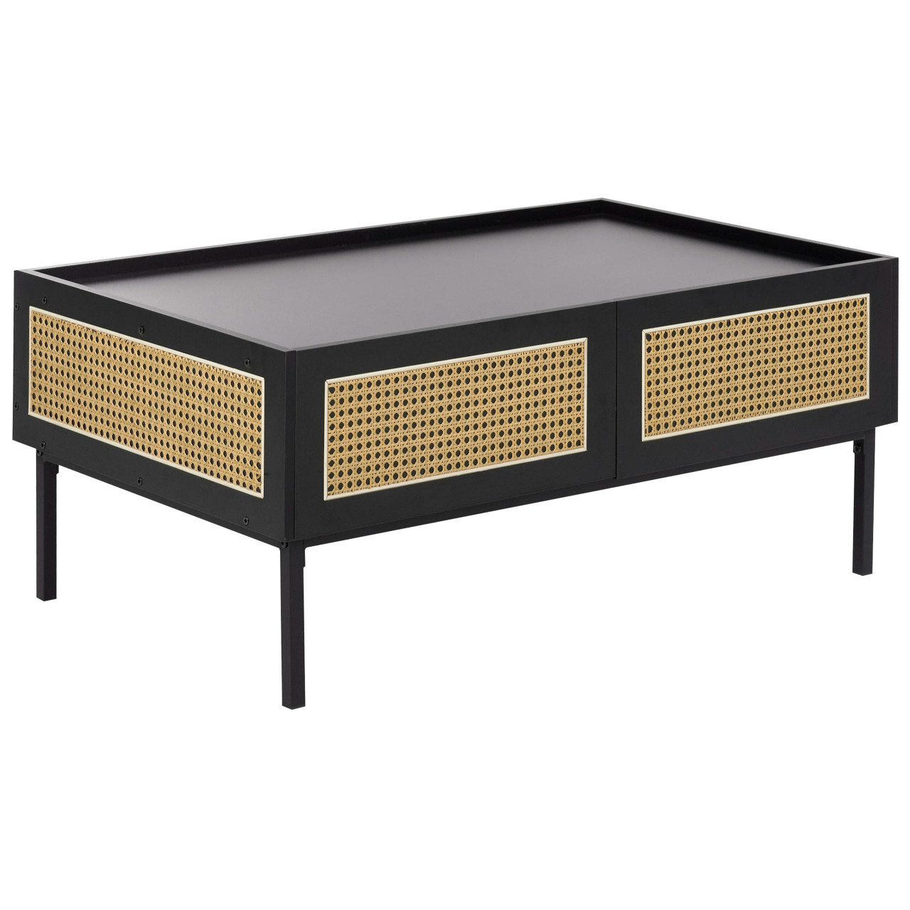 Mesa de centro Cullen em MDF com frentes em rattan e pés em metal preto