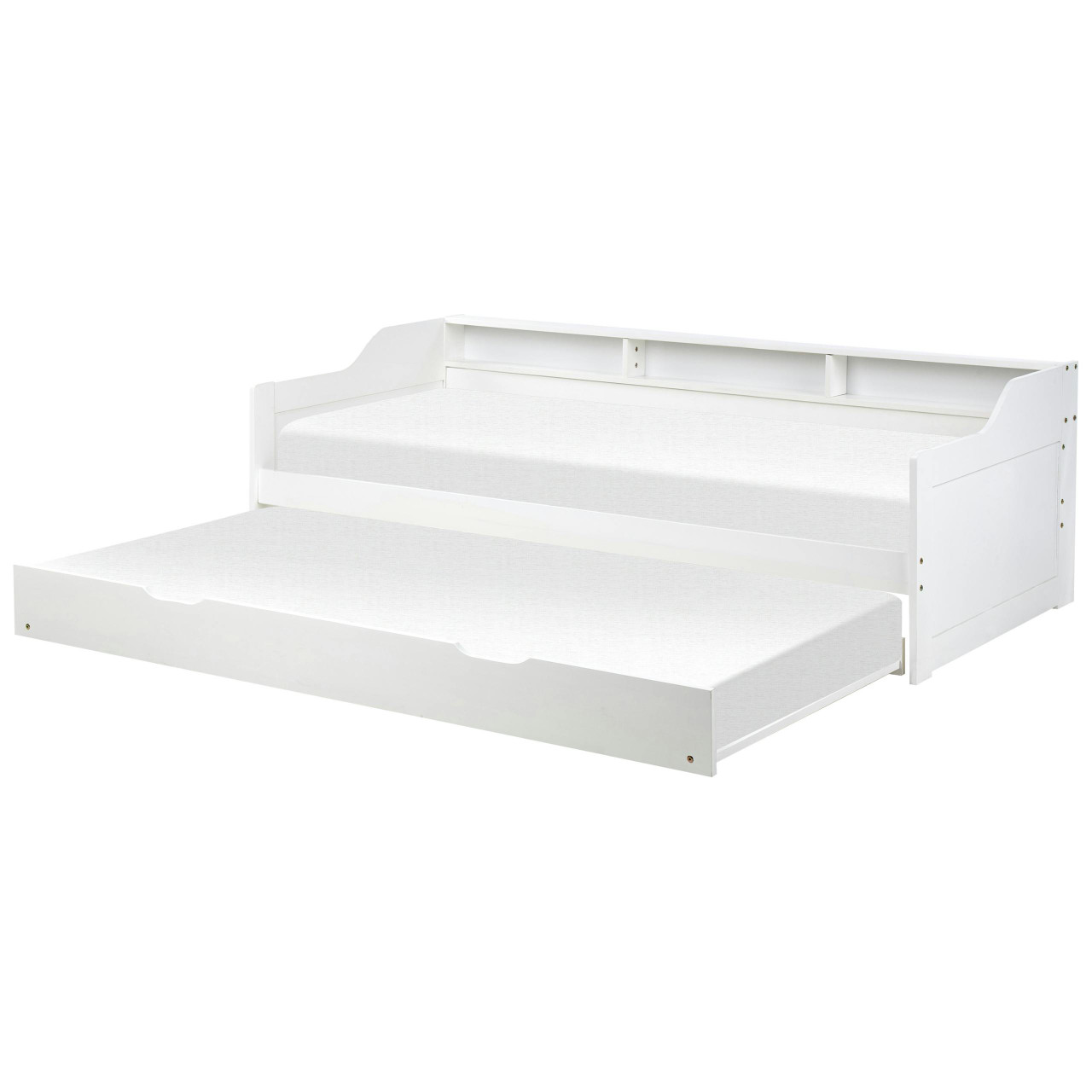Cama dupla moderna Edern em pinho pintado branco com gaveta e estrado extra