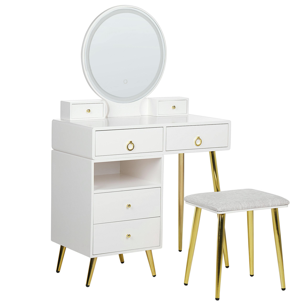 Toucador Yves em MDF branco com espelho LED e tamborete
