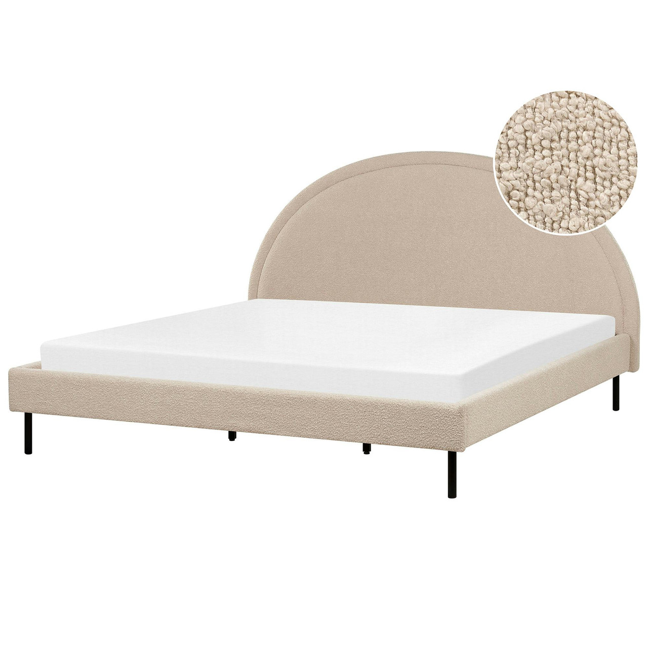 Cama de casal Margut em bouclé creme com estrado de ripas